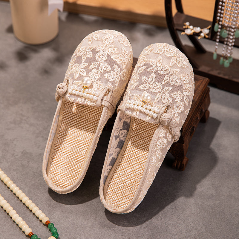 Sarah Express Embroidered Mesh Pearl Mule Slippers