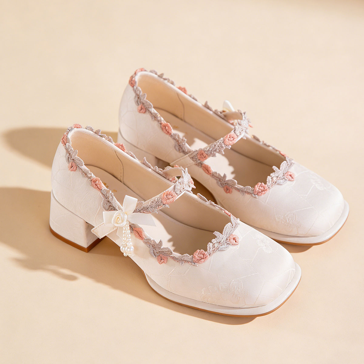 Sarah Express Oriental Jacquard Satin Mary Jane Heels White