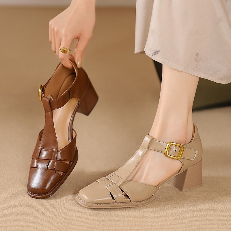Sarah Express Square Toe Buckle Strap Mid Heel Sandals