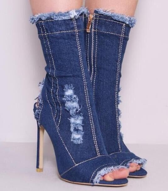 Sarah Express Peep Toe Distressed Denim Stiletto Boots Style 1
