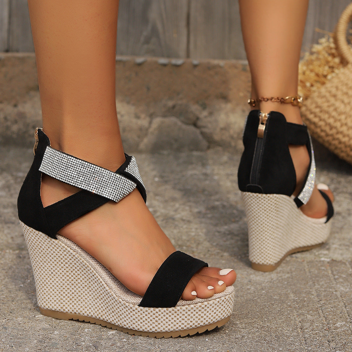 Sarah Express Women's Rhinestone Platform Wedge Sandals