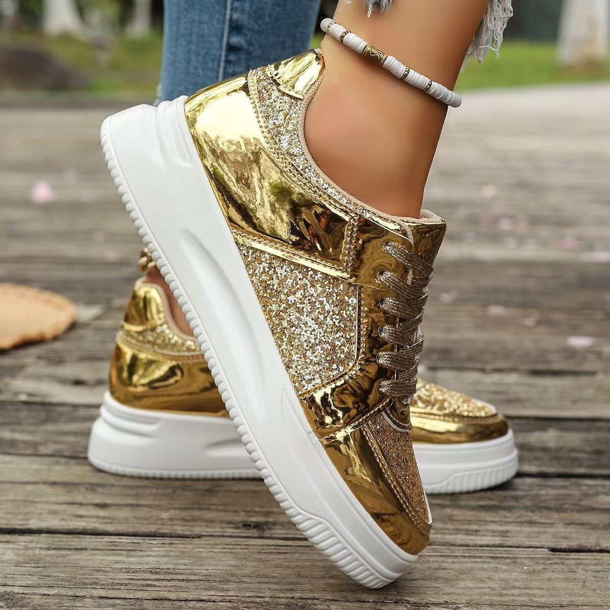 Sarah Express Women's Sequin Lace-Up Casual Sneakers