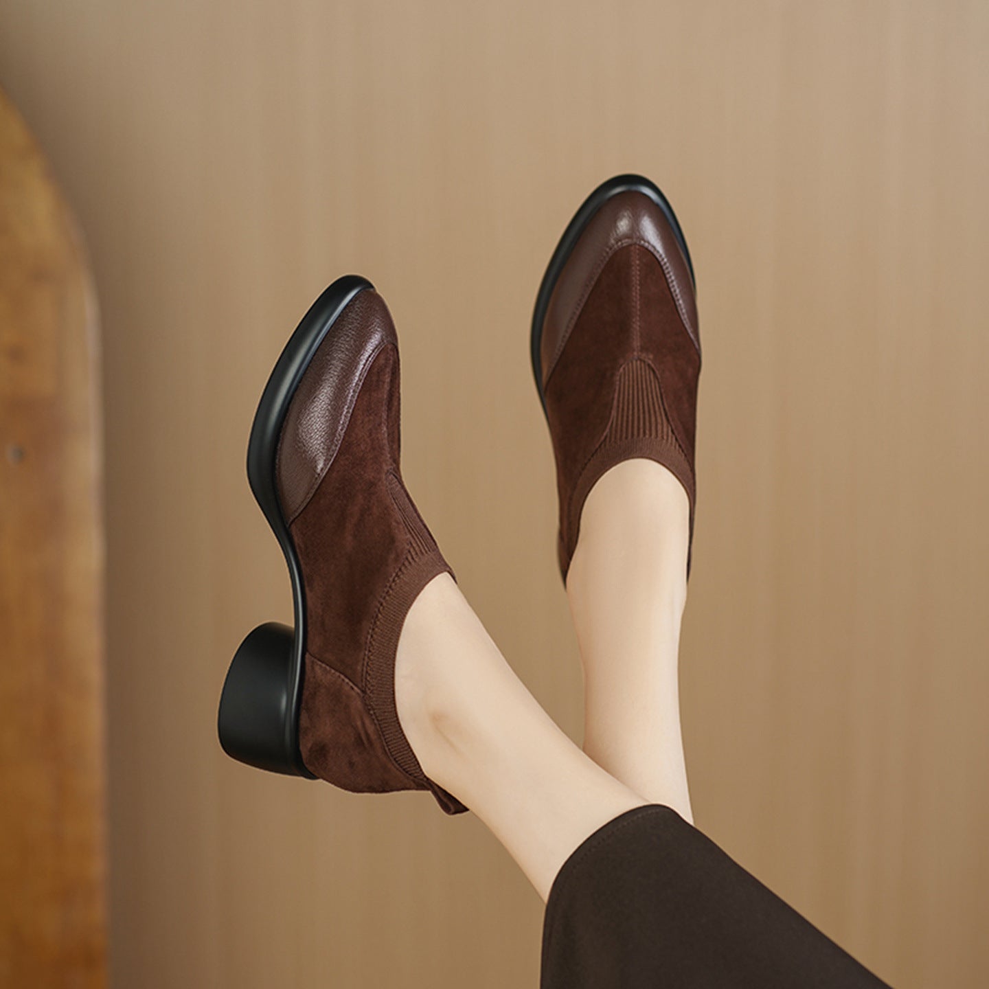 Sarah Express Suede Mary Jane Chunky Heel Pumps Brown
