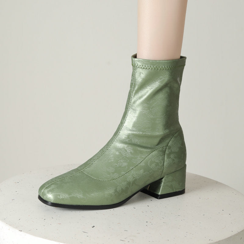 Sarah Express Floral Embroidered Square Toe Ankle Boots