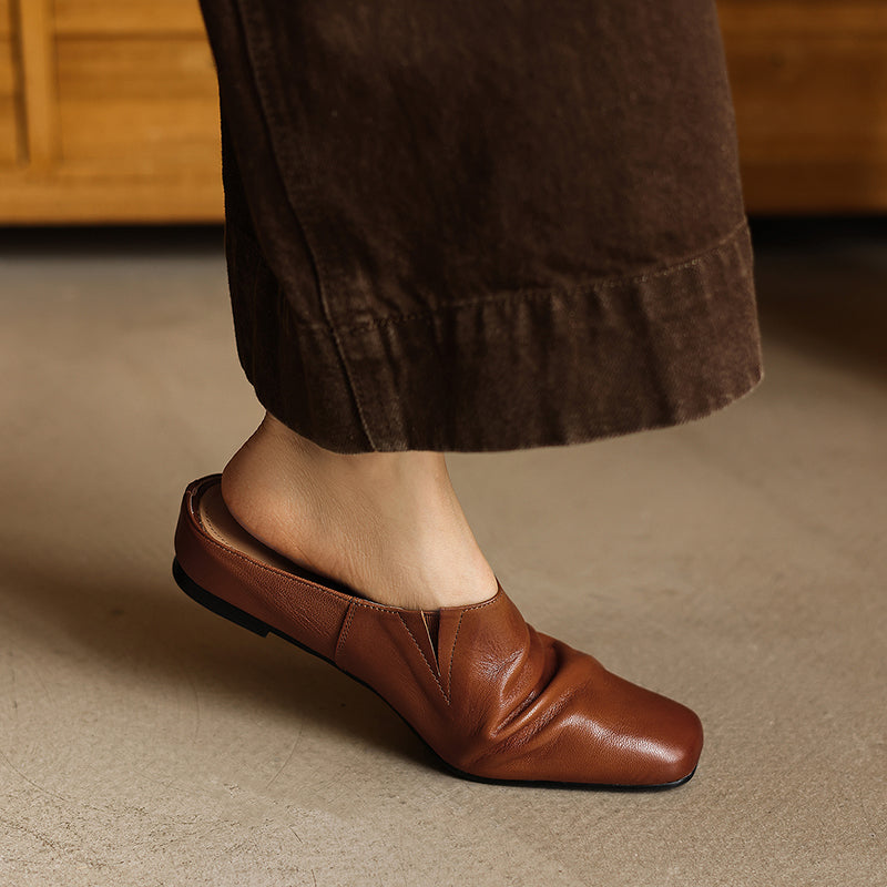 Sarah Express Handmade Waxed Sheepskin Ruched Mule Slides