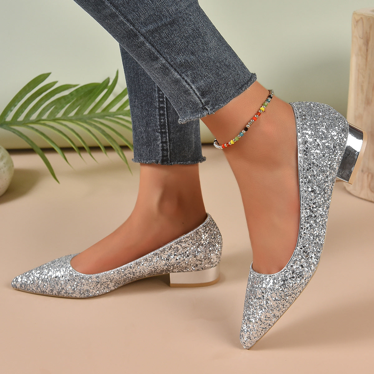 Sarah Express Crystal Sequin Low Heel Pointed Shoes