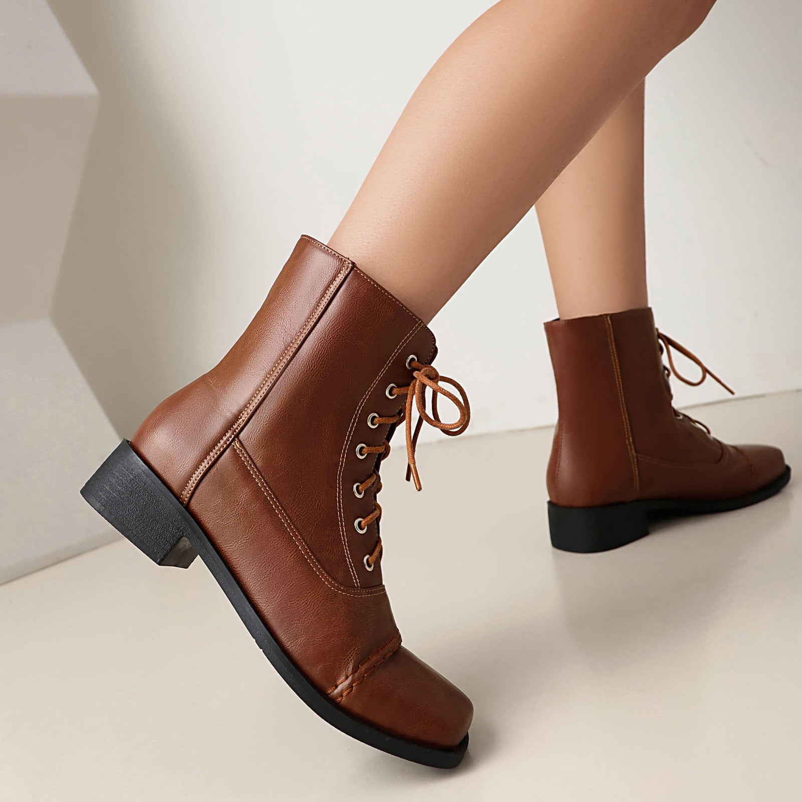 Sarah Express Women's Lace-Up Square-Toe Motorcycle Boots