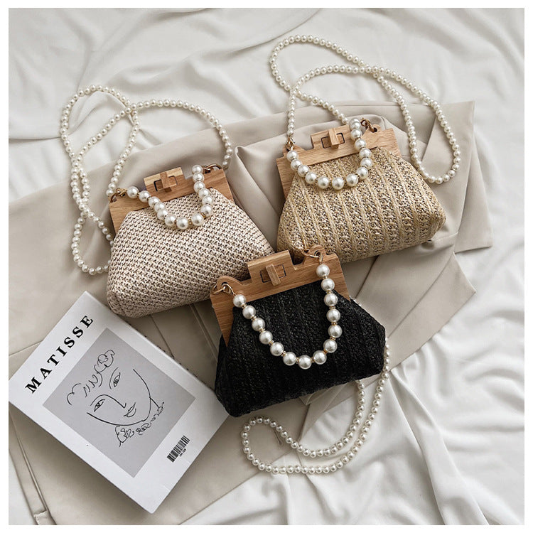 Sarah Express Woven Straw Shoulder Bag with Pearl Chain