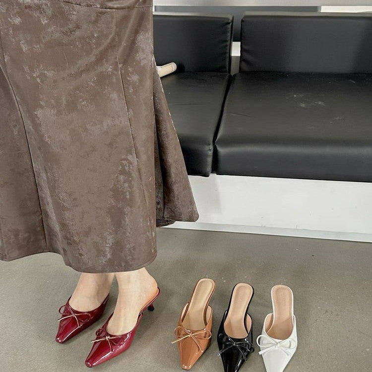 Sarah Express Elegant Low-Heel Bow Square Toe Slippers