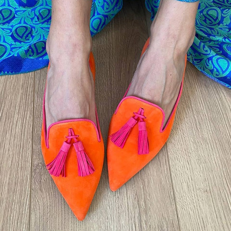 Sarah Express Pointed Toe Tassel Suede Flat Shoes Orange