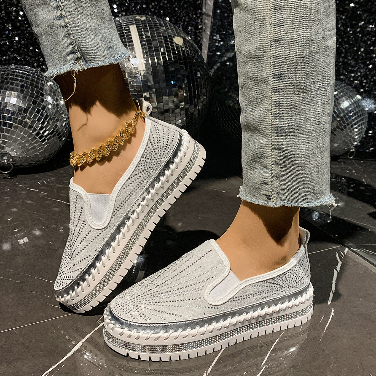 Sarah Express Women's Rhinestone Slip-On Thick Sole Loafers
