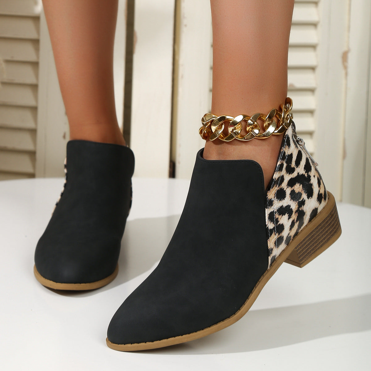 Sarah Express Leopard Print Suede Chunky Heel Boots