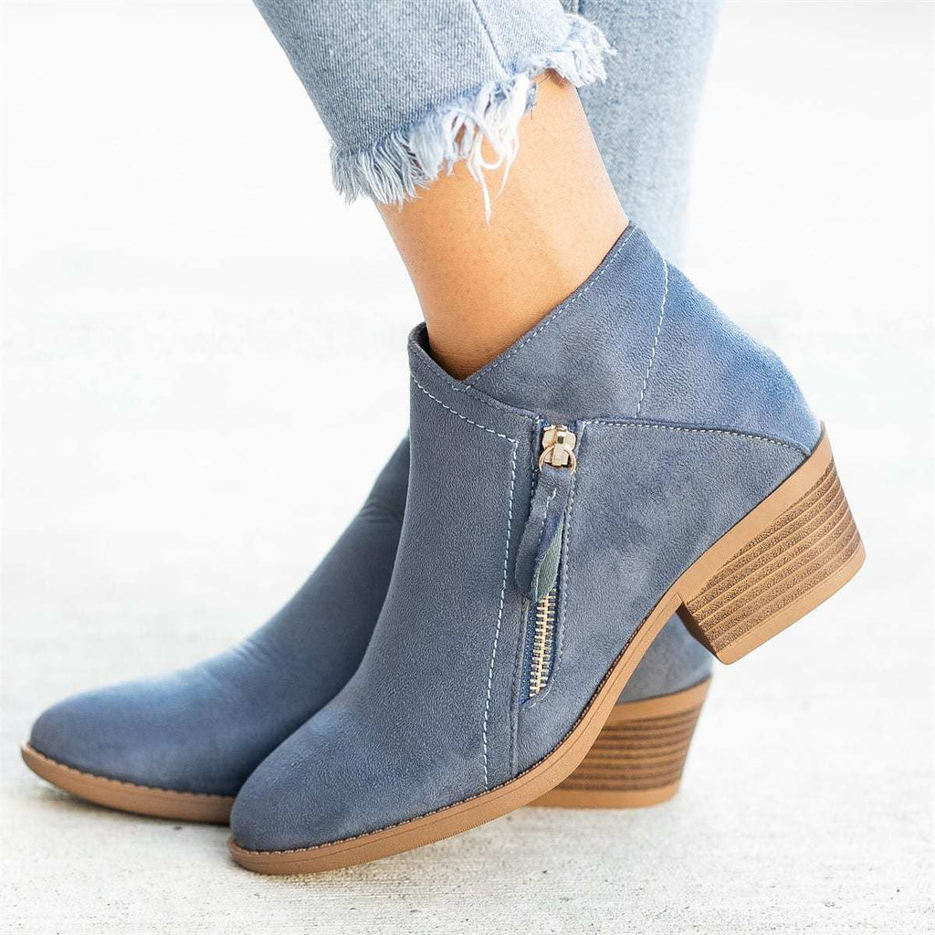 Sarah Express Suede Chunky Heel Side Zip Boots Blue
