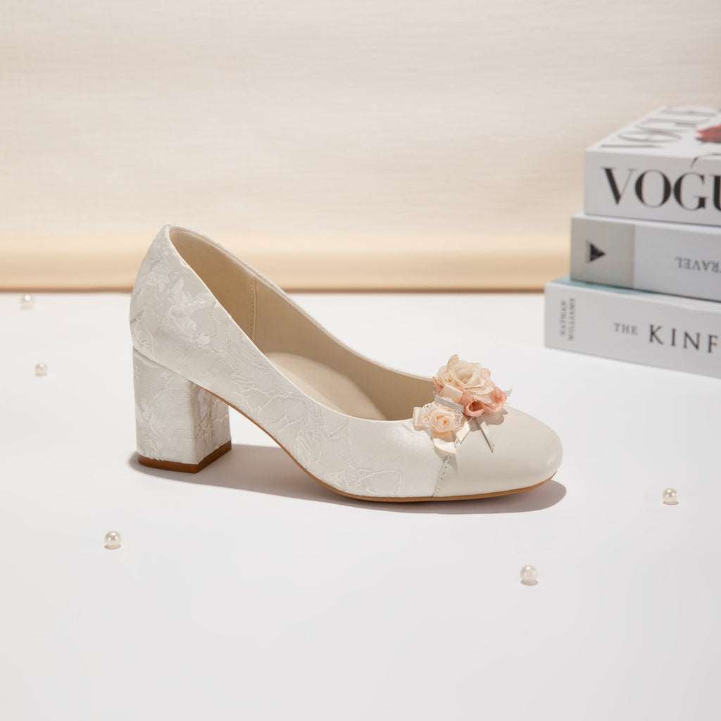 Sarah Express Floral Jacquard Square Toe Block Heels