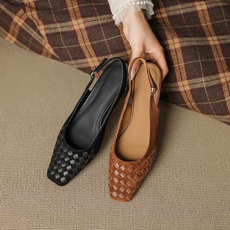 Sarah Express Woven Suede Slingback Block Heel Sandals