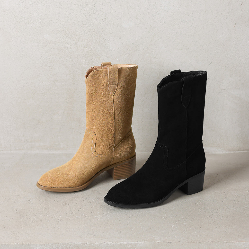 Sarah Express Genuine Cowhide Chunky Heel Mid-Calf Boots