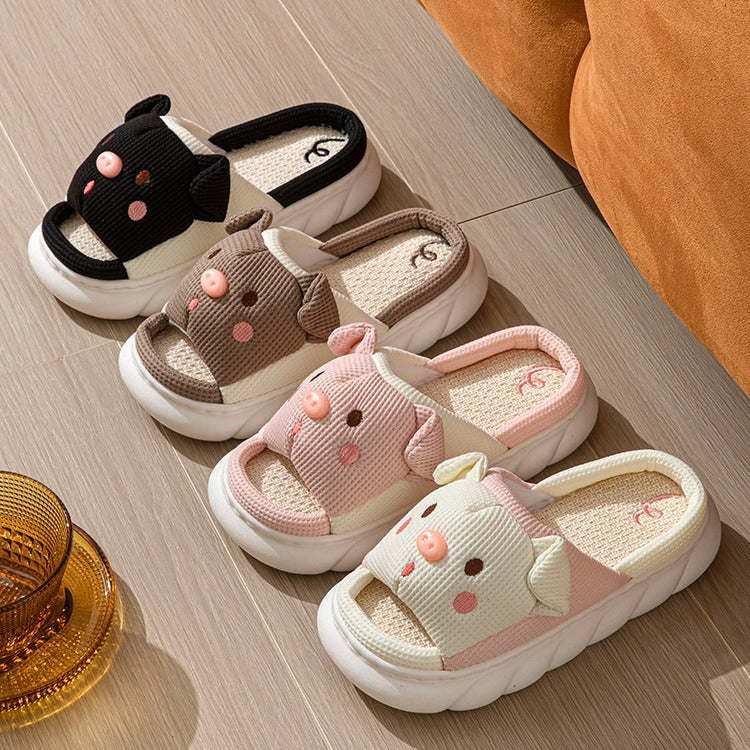 Cute Piggy Slippers Open Toe Linen Home Slipper Couples Women Men Cartoon Pig House Shoes – front product view