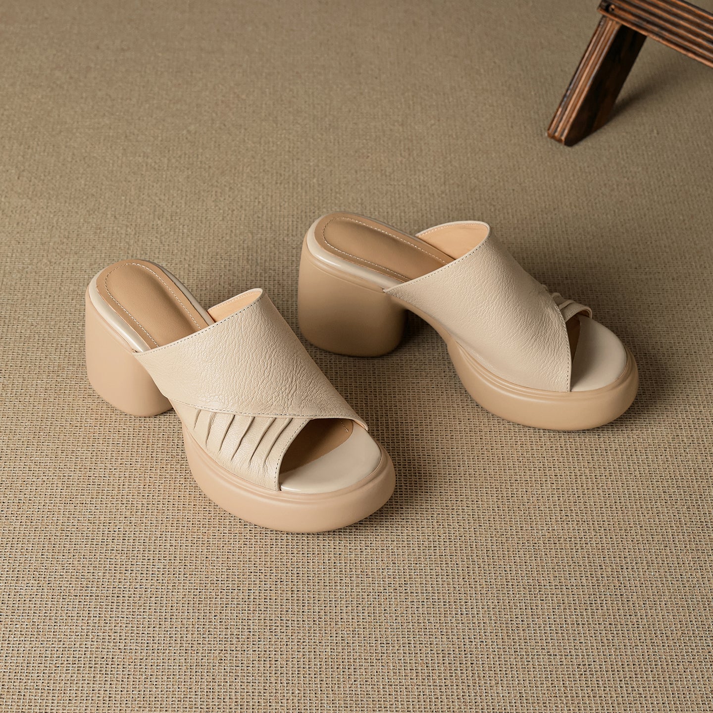 Sarah Express Ruched Lambskin Leather Block Heel Slides
