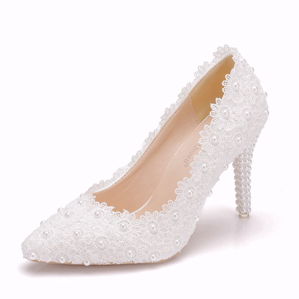 Sarah Express Pearl Lace Stiletto Wedding Heels White