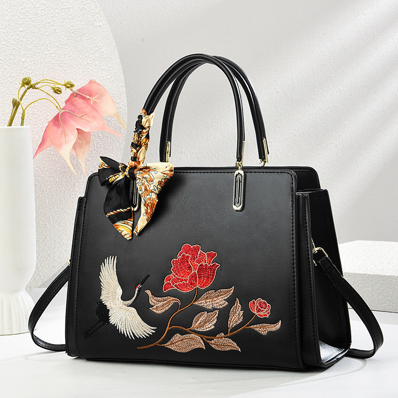 Sarah Express Embroidered Crane Crossbody Tote Bag