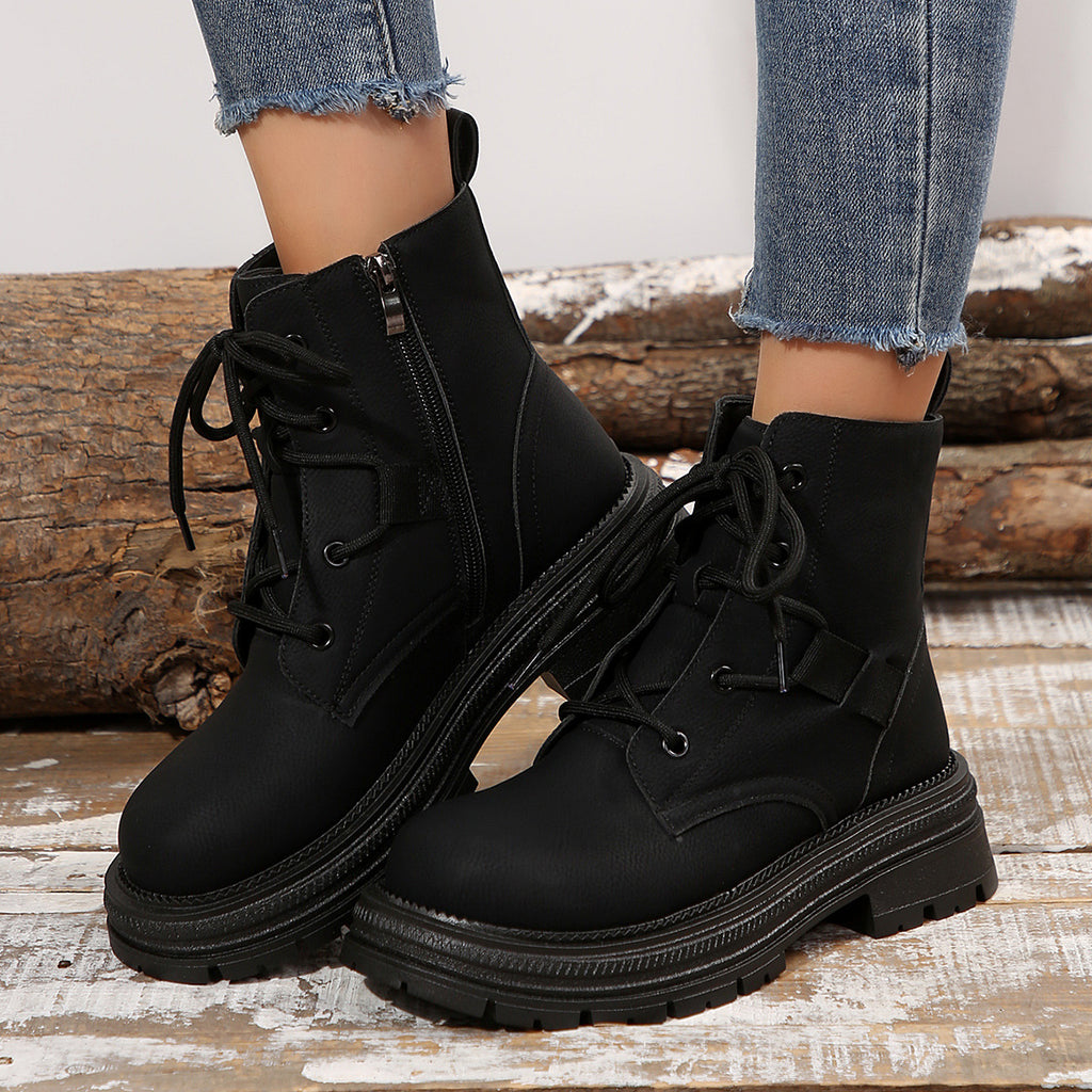 Sarah Express Women's Lace-Up Round Toe Ankle Boots Black