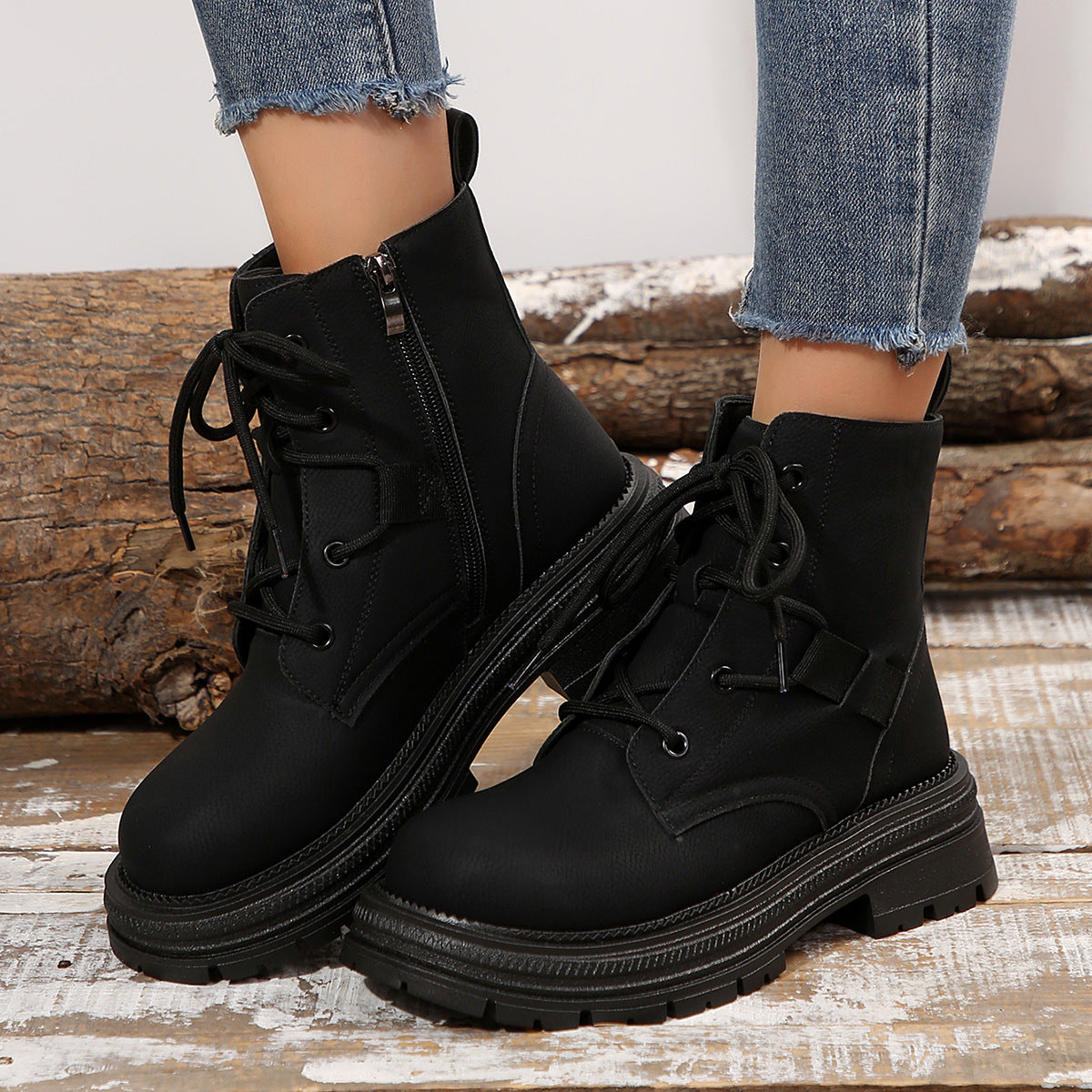 Sarah Express Women's Lace-Up Round Toe Ankle Boots Black