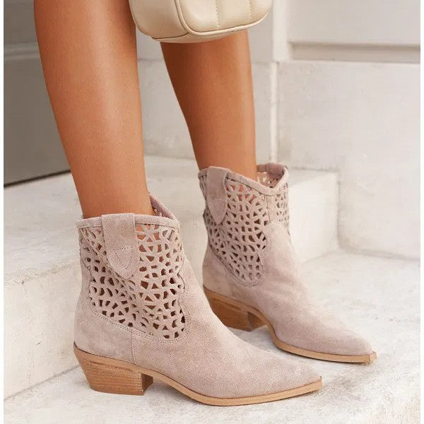 Sarah Express Women's Cutout Suede Chunky Heel Boots