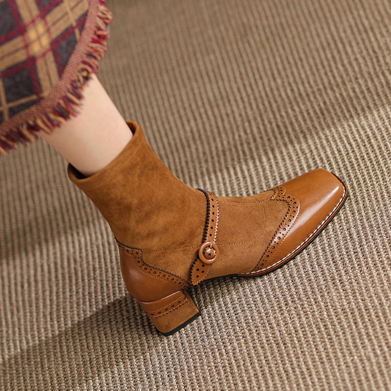 Sarah Express Vintage Square Toe Chunky Heel Boots