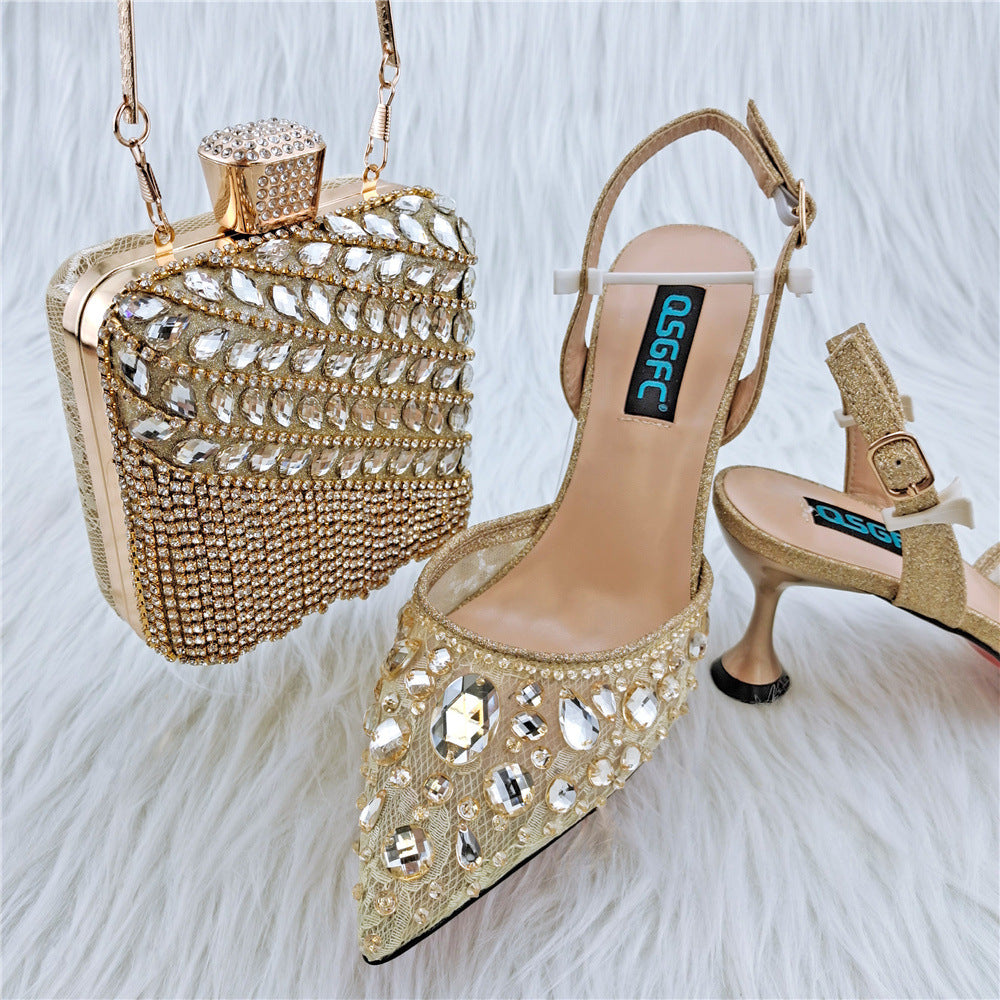 Sarah Express Embellished Party Sandals and Matching Bag Gold