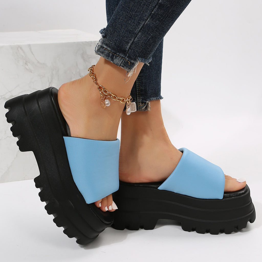 Sarah Express Platform Slide Sandals with Square Toe Blue