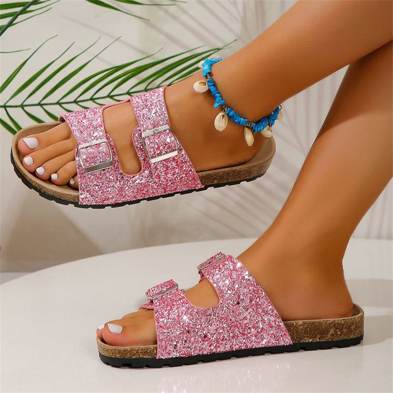Sarah Express Women's Sequined Double Buckle Slide Sandals