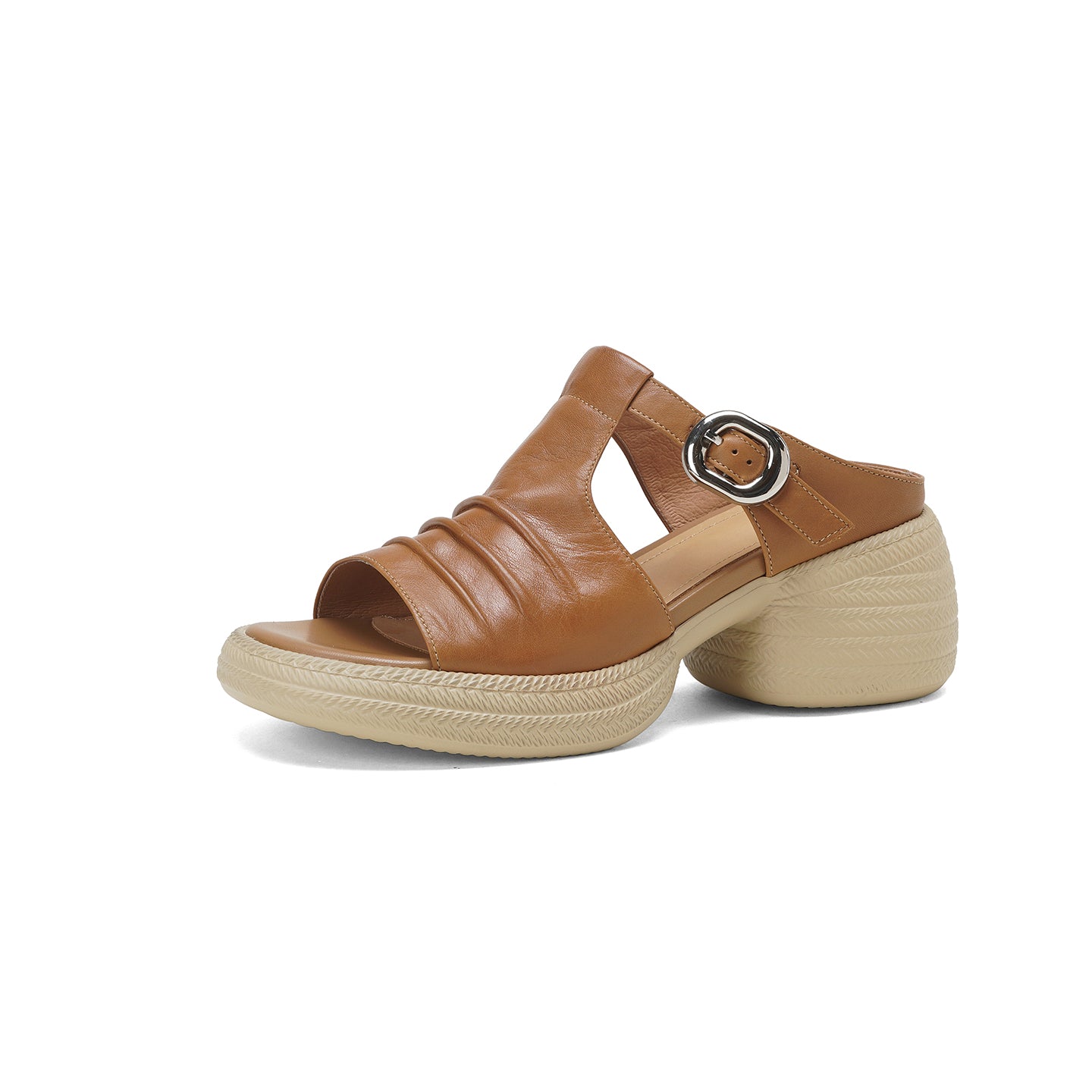Sarah Express Ruched T-Strap Platform Mule Sandals Apricot