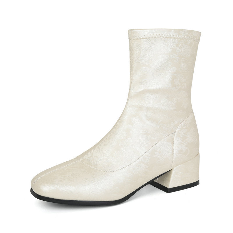 Sarah Express Floral Embroidered Square Toe Ankle Boots White