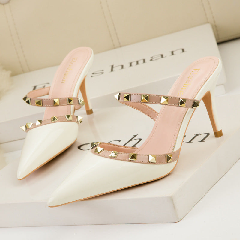 Sarah Express Patent Leather Stiletto Sandals with Studs White