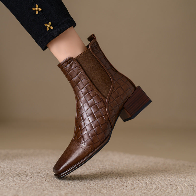Sarah Express Woven Square-Toe Chunky-Heel Ankle Boots