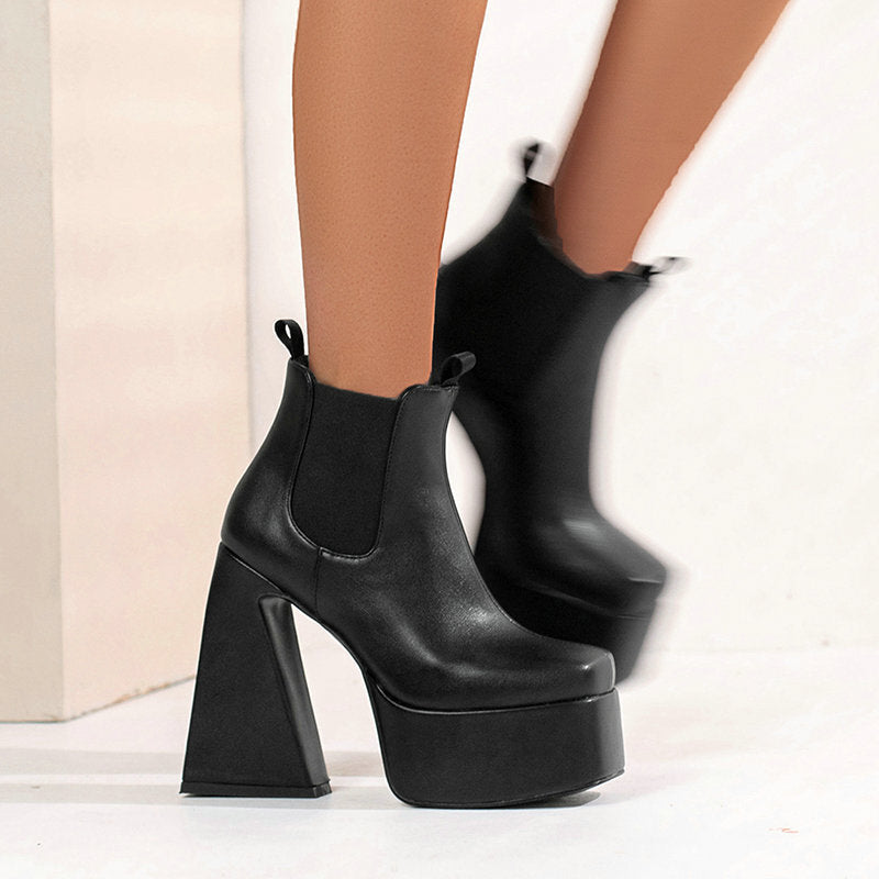 Sarah Express Patent Leather Square Toe Chunky Boots