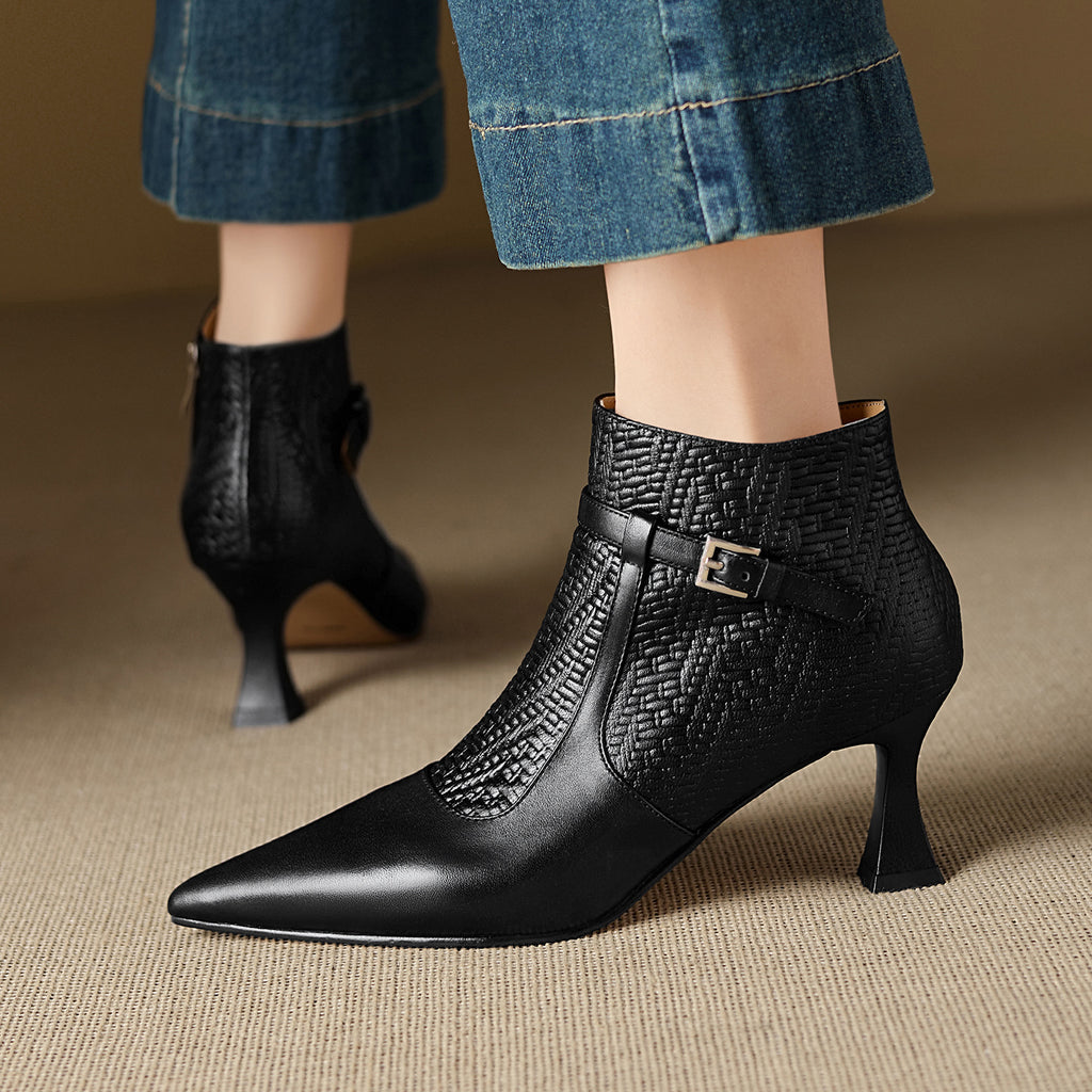 Sarah Express Pointed Toe Chunky Heel Ankle Boots Black Single