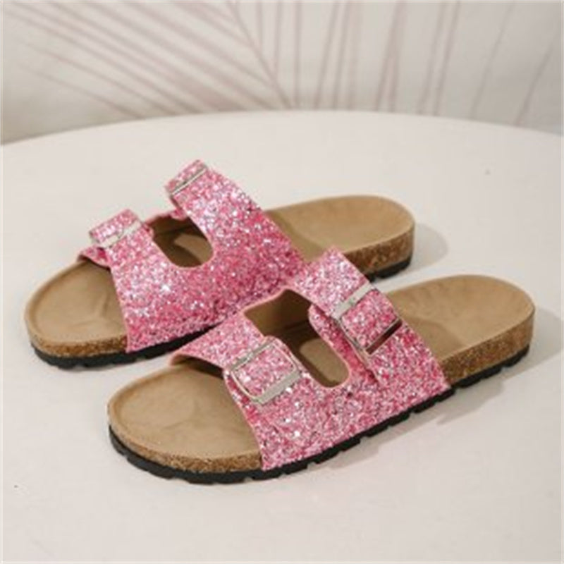 Sarah Express Women's Sequined Double Buckle Slide Sandals
