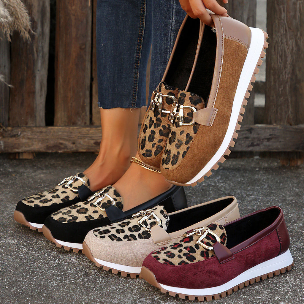 Sarah Express Women's Leopard Print Metal Buckle Flats