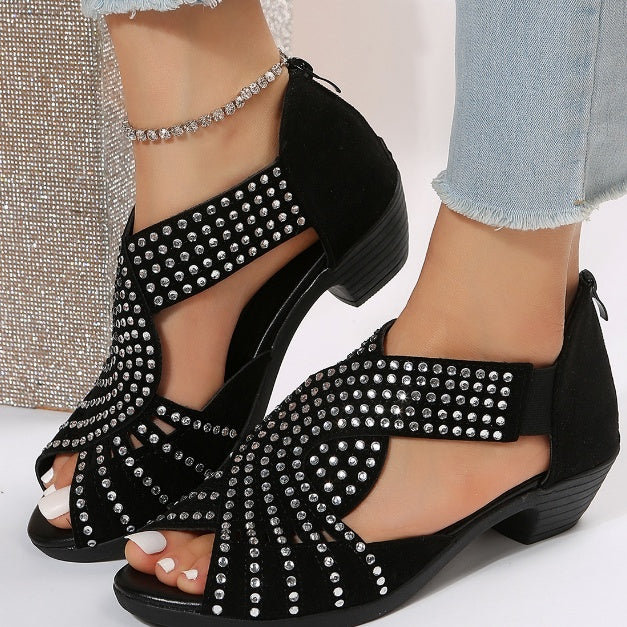 Sarah Express Rhinestone Embellished Open Toe Block Sandals