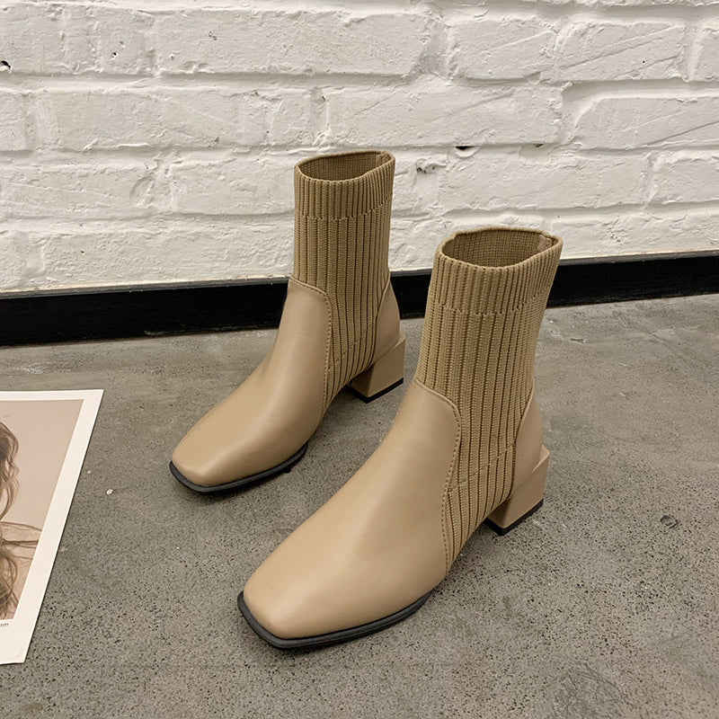 Sarah Express Square Toe Thick Heel Sock Boots