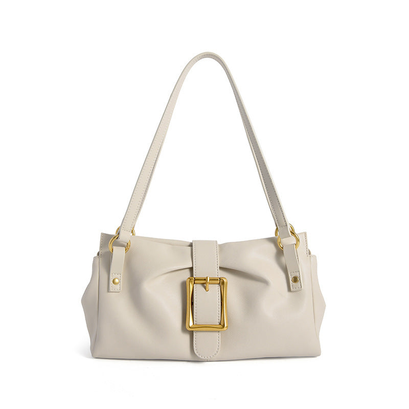Sarah Express Retro Cowhide Leather Pleated Tote Bag Milky White