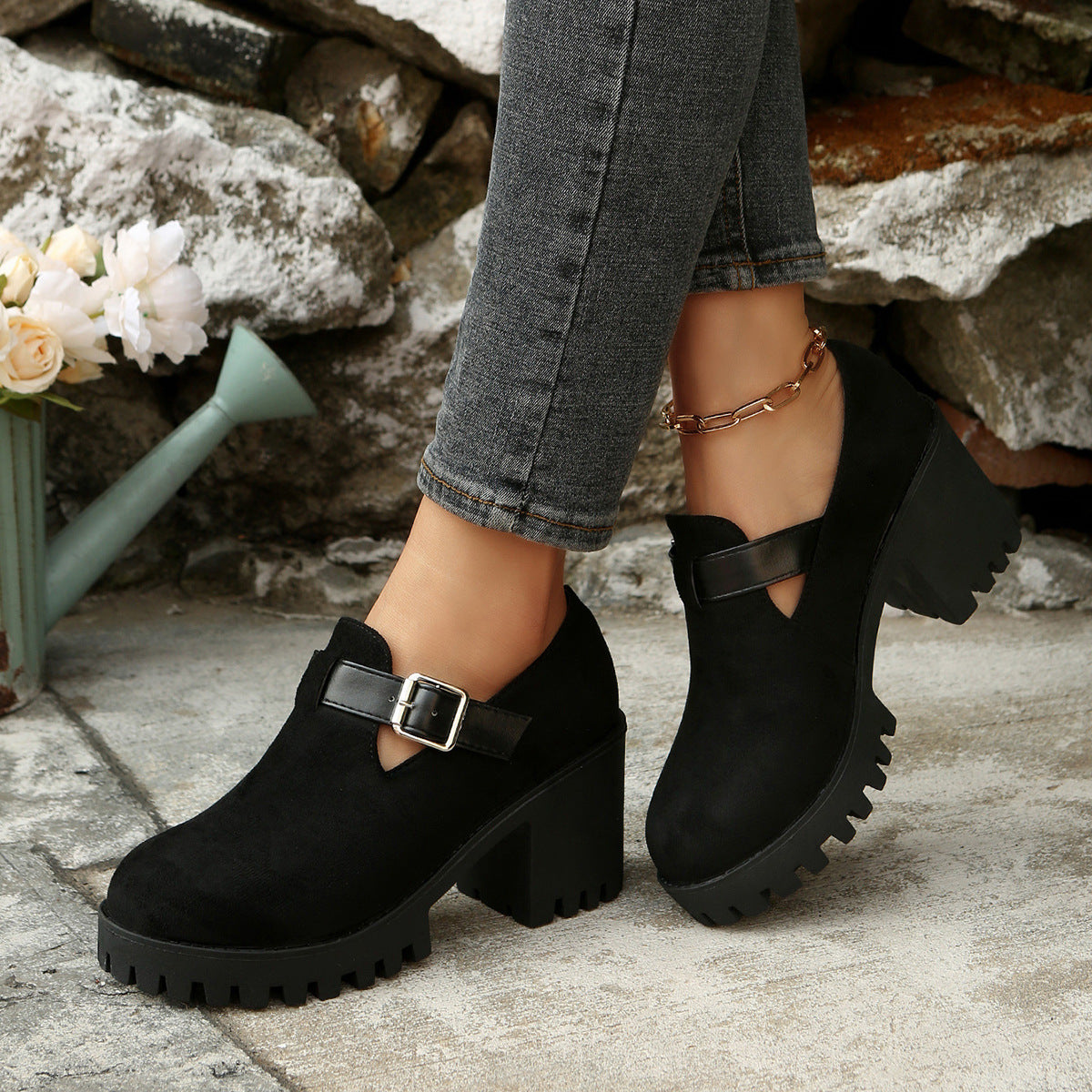 Sarah Express Chunky Suede Block Heel Pumps
