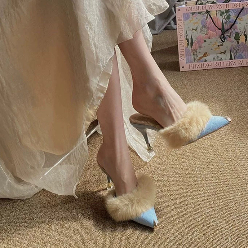 Sarah Express Furry Pointed Toe High Heel Mules