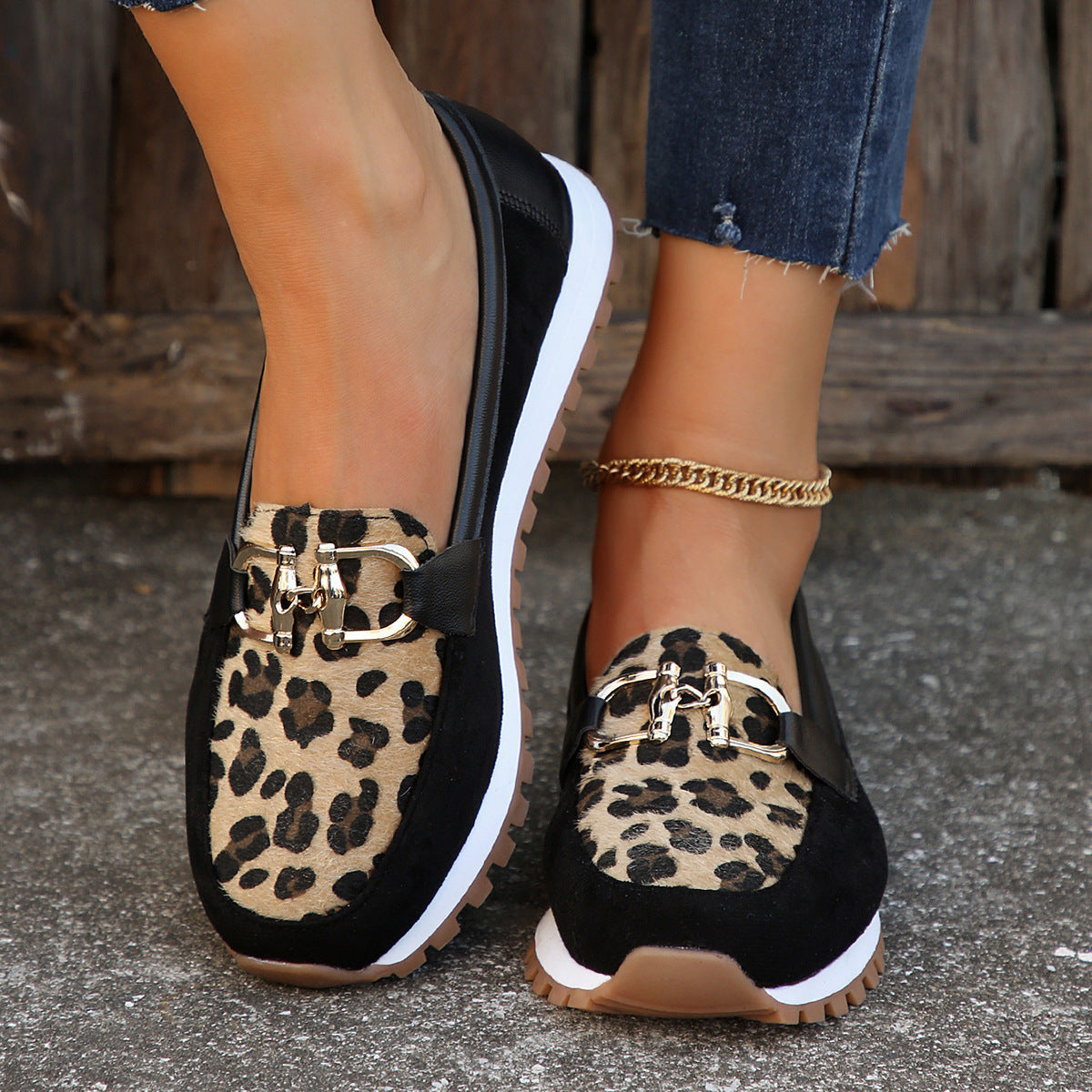 Sarah Express Women's Leopard Print Metal Buckle Flats Black
