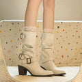 Sarah Express Retro Mid-Calf Chunky Heel Pointed Boots White