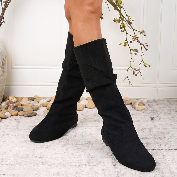 Sarah Express Pleated PU Leather Mid-Calf Chunky Heel Boots