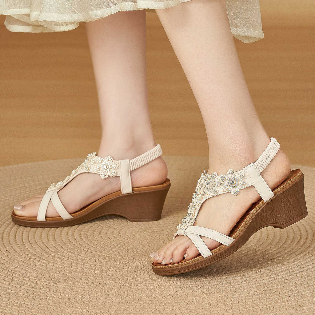 Sarah Express Rhinestone Flower Wedge Sandals
