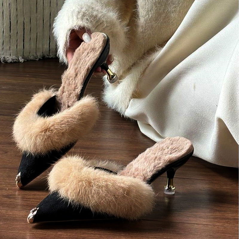 Sarah Express Furry Pointed Toe High Heel Mules Black