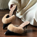 Sarah Express Furry Pointed Toe High Heel Mules Black